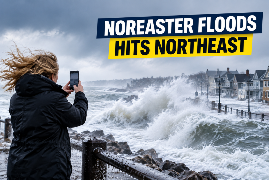 Flooded coastal street during Northeast nor'easter power outages event