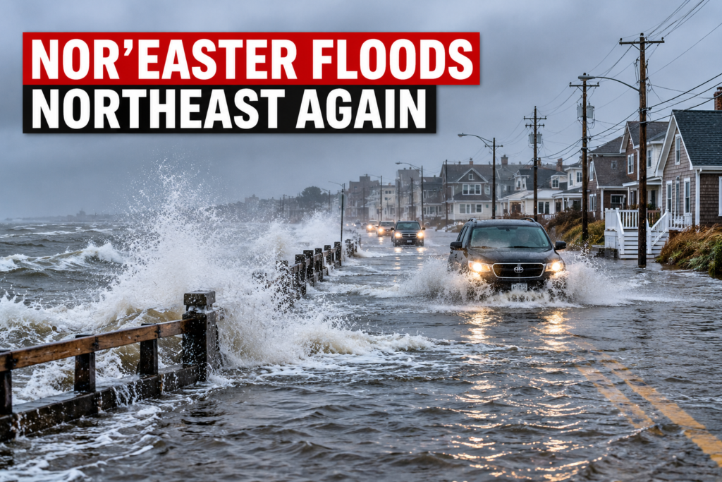 Residents walk through nor'easter flooding on a water-covered coastal street in New Jersey