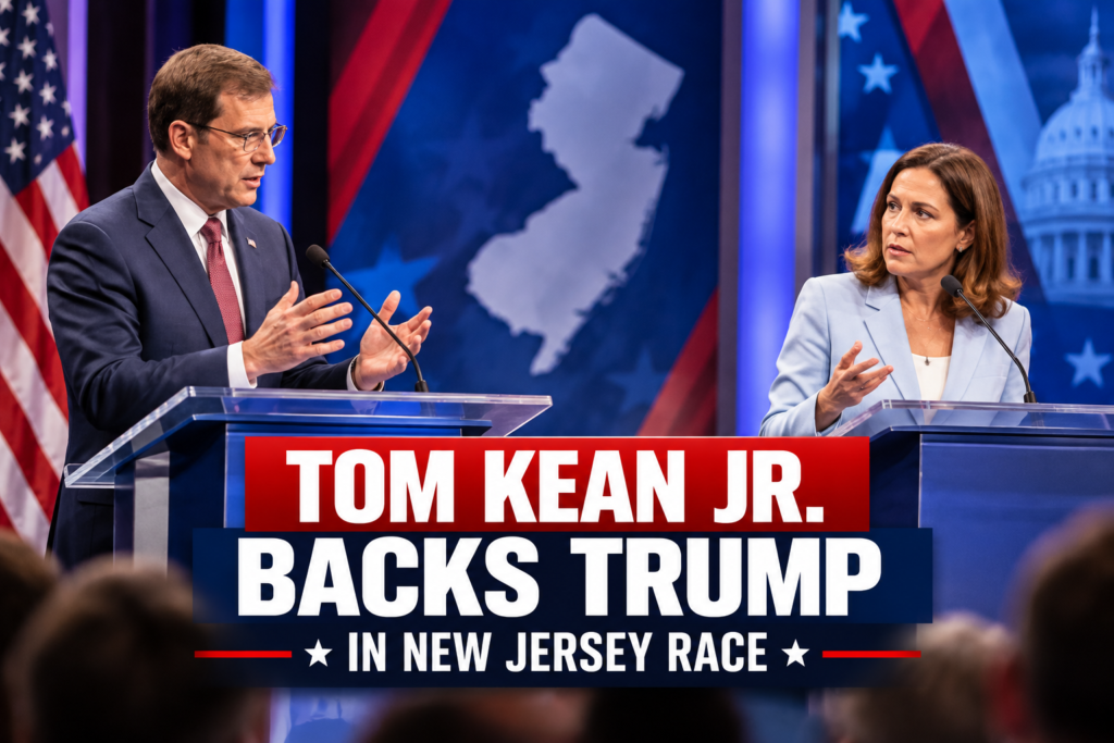 Republican Tom Kean Jr. and Democrat Rebecca Bennett on stage before the Kean Bennett debate in Rahway, New Jersey