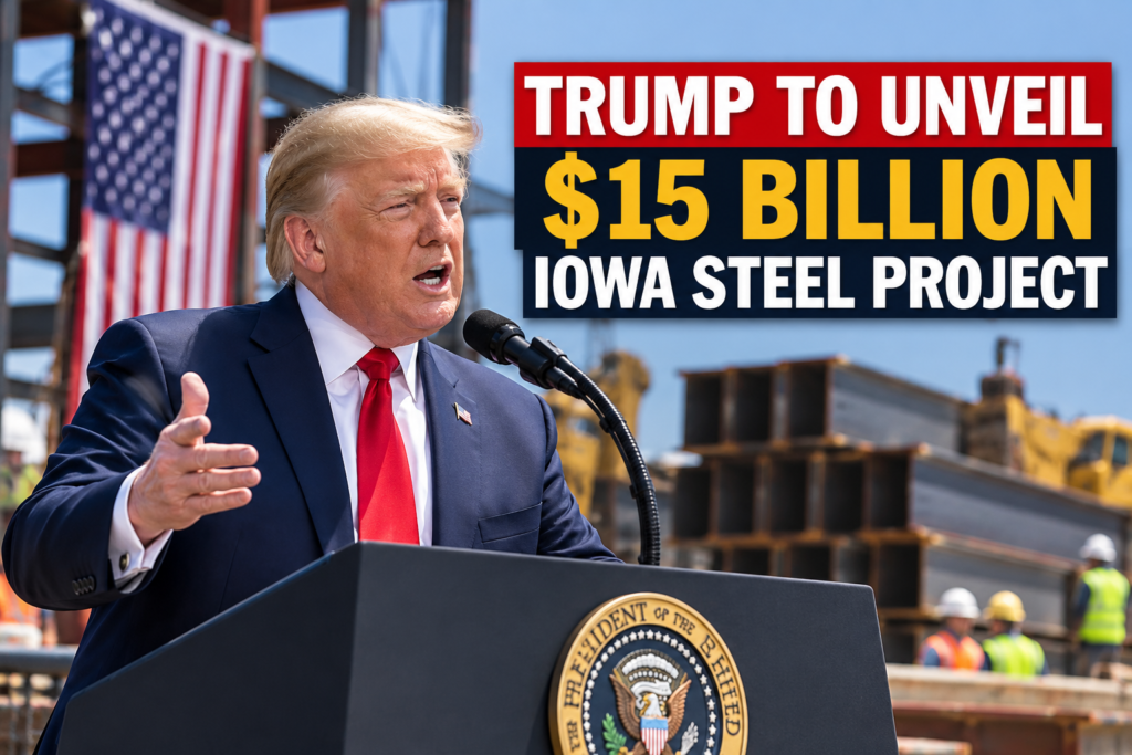 Trump speaking to reporters as an Iowa steel mill plan is announced