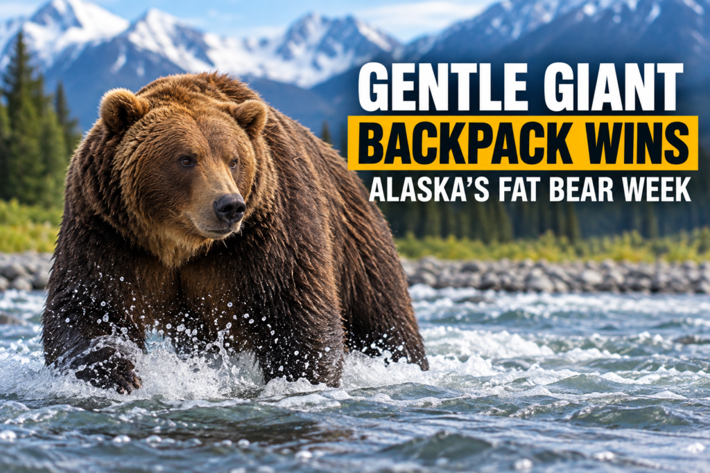 Backpack Wins Fat Bear Week 2026 at Katmai National Park Backpack, Bear 89, wading through Brooks River during Fat Bear Week 2026 in Katmai National Park