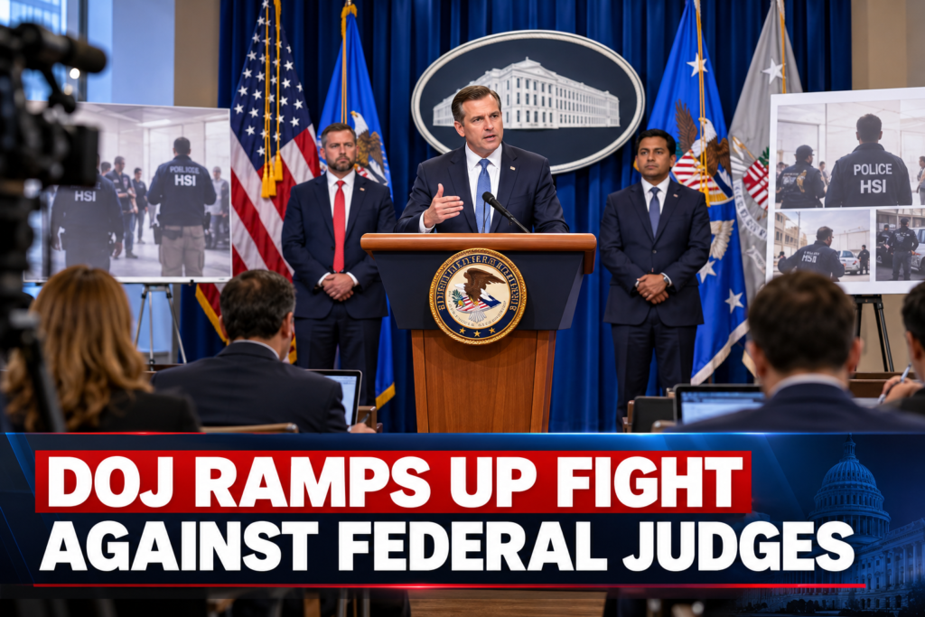 Attorney General Todd Blanche at the Justice Department announcing the judicial misconduct complaint