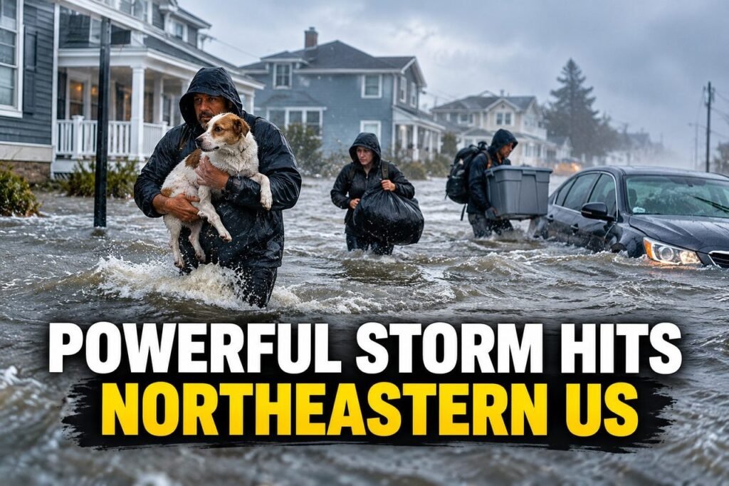 Flooded street during nor'easter flooding in the US Northeast