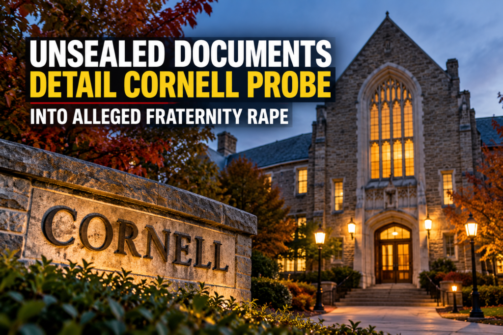 Cornell special prosecutor announcement graphic showing a campus building in Ithaca, New York