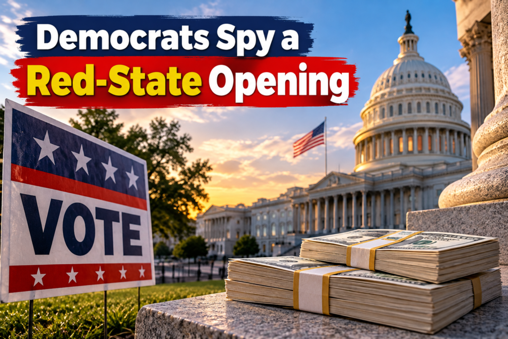 Voters at a campaign event illustrating Senate spending in red states ahead of the 2026 midterms