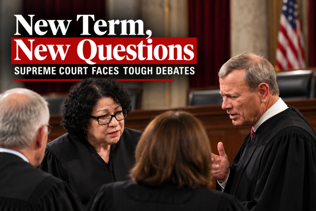 Supreme Court New Term Opens as Approval Hits a Record Low Chief Justice John Roberts and justices at the Supreme Court new term opening in Washington
