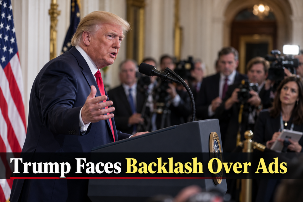 Taxpayer-Funded Trump Ads: MAGA Inc. to Cover Costs Television screen showing a political commercial, illustrating the debate over taxpayer-funded Trump ads