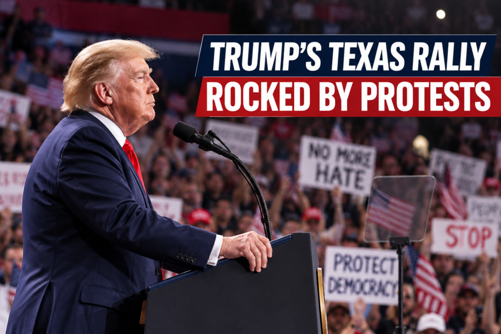 Trump San Antonio Rally Draws Protests in Tight Senate Race Supporters and protesters outside the Trump San Antonio rally at Freeman Coliseum in Texas