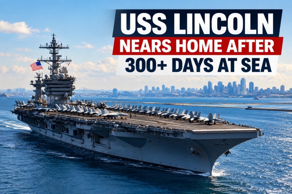 USS Abraham Lincoln Homecoming After 300 Days at Sea USS Abraham Lincoln homecoming as the aircraft carrier nears San Diego after a record deployment